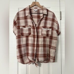 Shyanne Western Short Sleeve Brown Plaid Button Up Tie Bottom Women’s Size Large